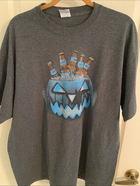 Miller Lite Dark Gray Tee with Blue Jack-o'-Lantern Beer Graphic